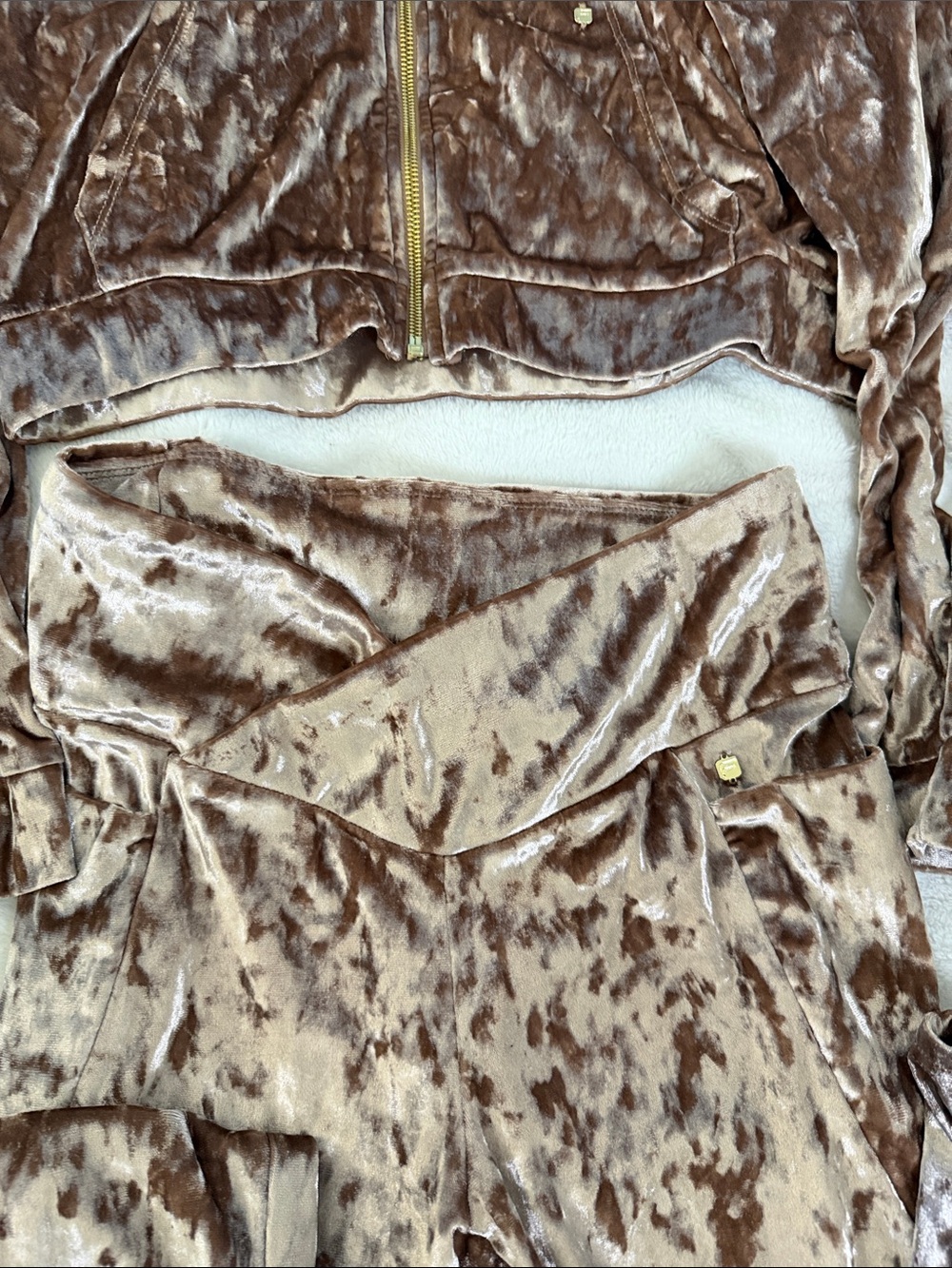 Fabletics Crushed Velvet Hooded Zip Crop Jacket & High-Waist Joggers - Brown - Picture 3 of 6